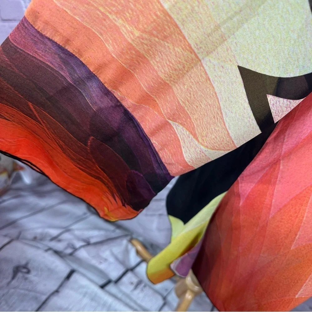 Multicolor sheer chiffon Abstract tunicTop kimono sleeve beach travel OS